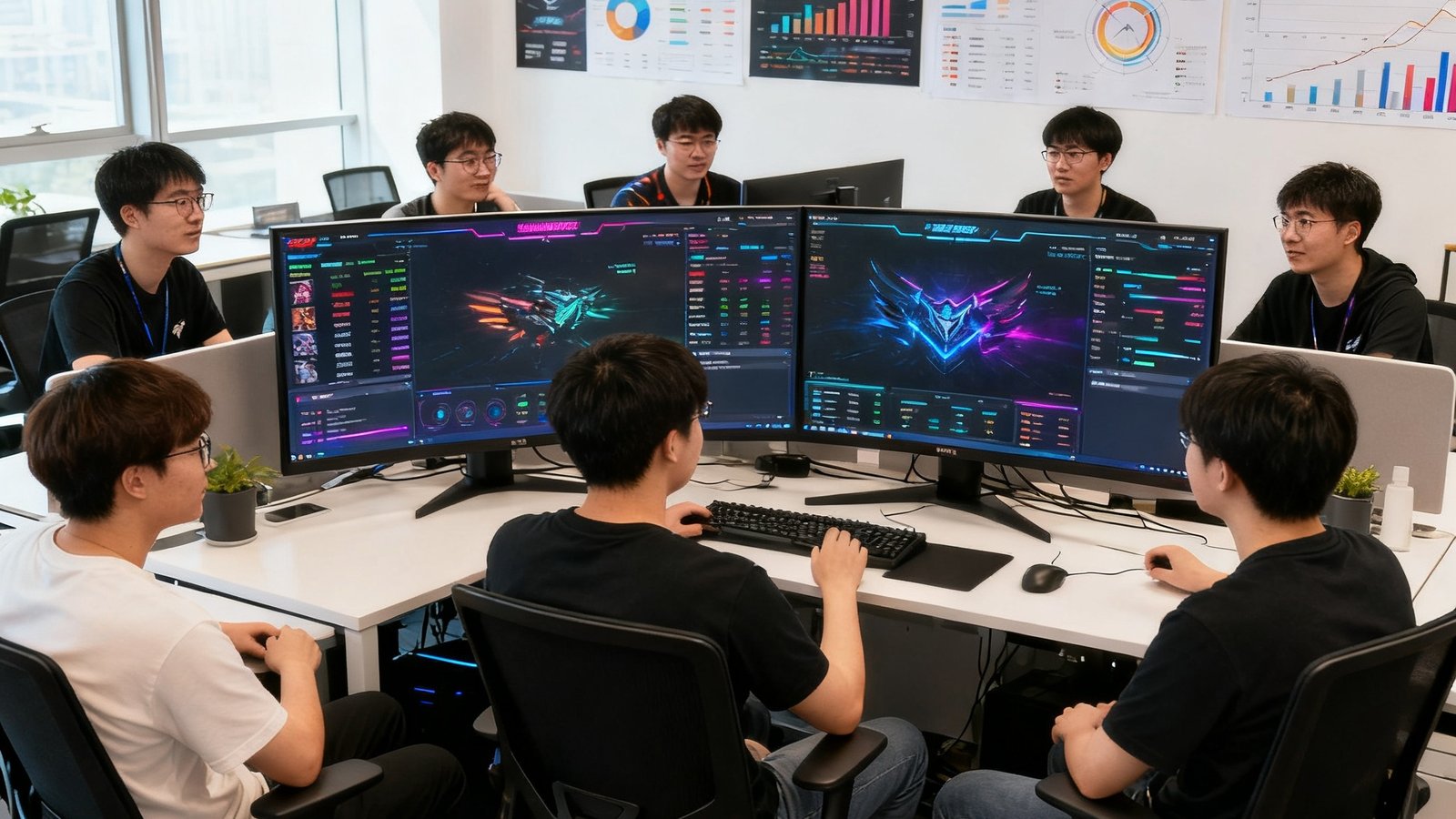 蜂鸟电竞的开放办公区内，十几位团队成员围坐在大型显示器前讨论电竞数据可视化方案，墙上贴满了各赛区战队海报和数据分析图表