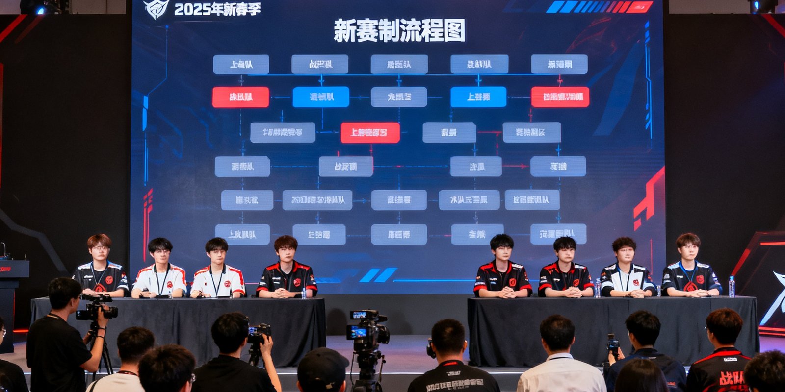 2025年新赛季官方发布会的现场照片，大屏幕上显示新的赛制流程图，台下坐满了记者和战队代表