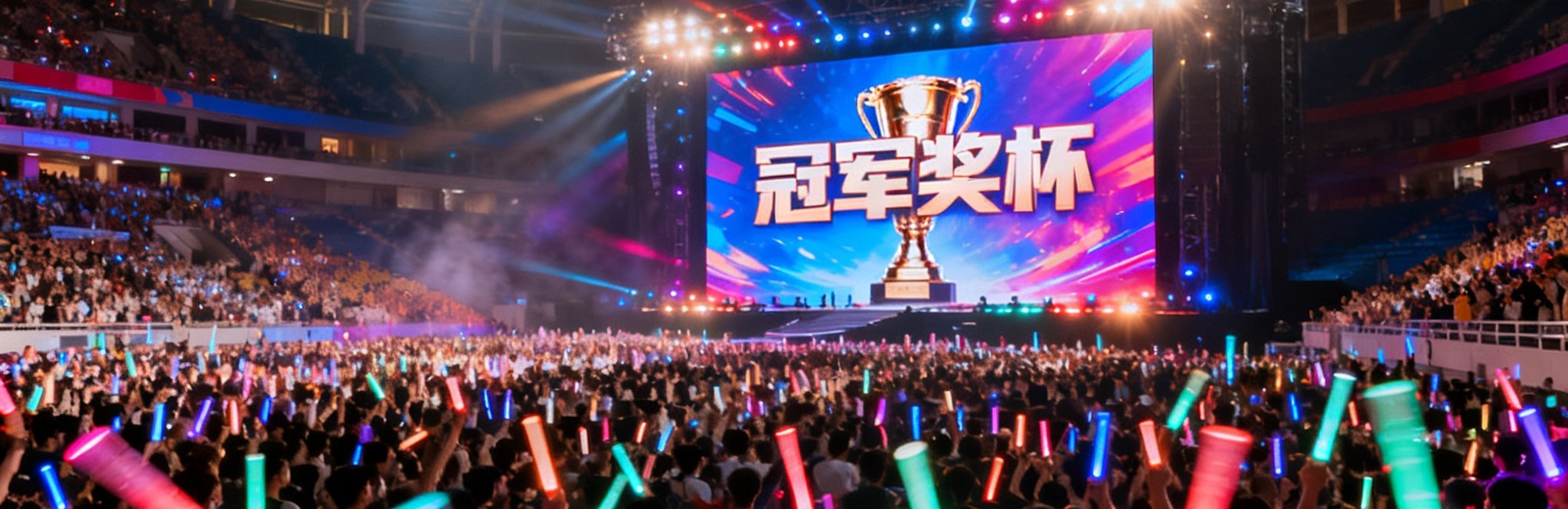 国际电竞总决赛现场，数万名观众在巨大的体育场馆中挥舞荧光棒，舞台中央巨型屏幕显示冠军奖杯，灯光璀璨气氛热烈