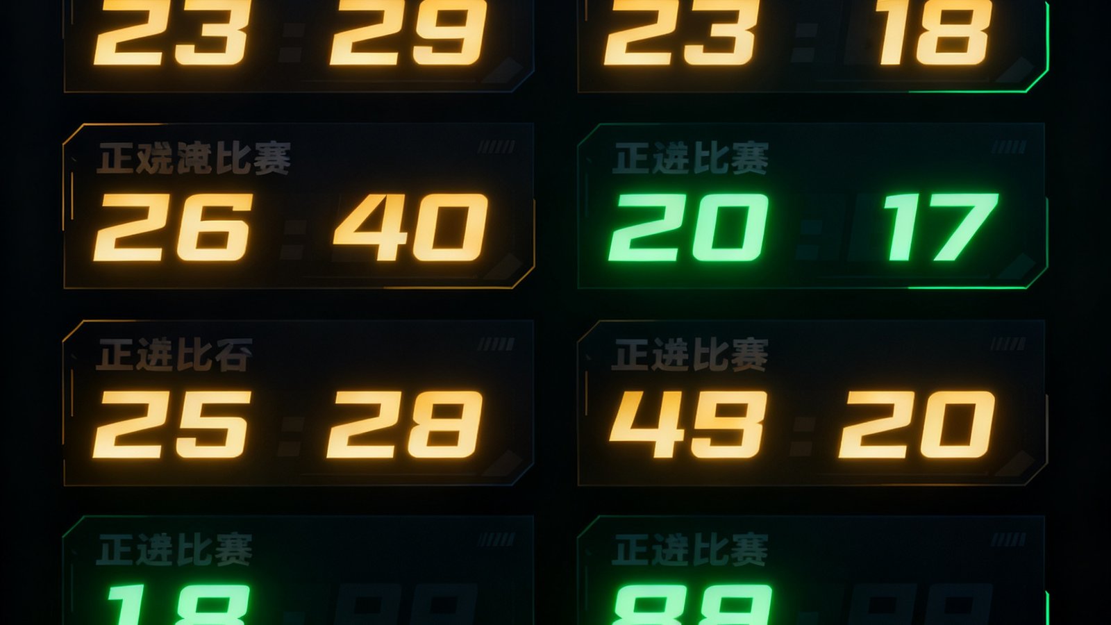 深色背景的数据面板上同时显示六场正在进行的电竞比赛实时比分，数字以明亮的琥珀色和绿色高亮显示，界面布局清晰专业